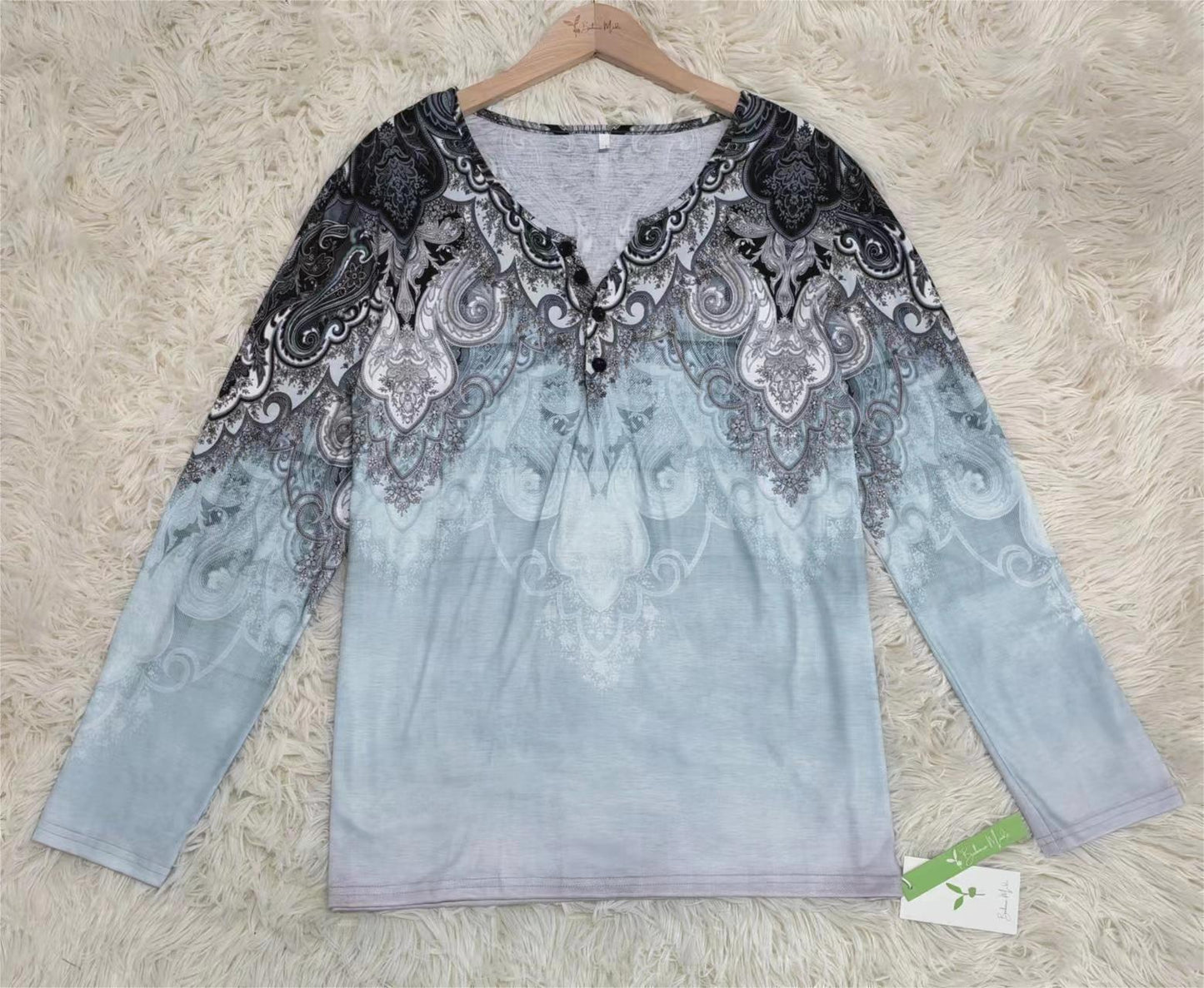 FallStil - Blau-graues Oceanic Luxe Print V-Ausschnitt Langarm-Top