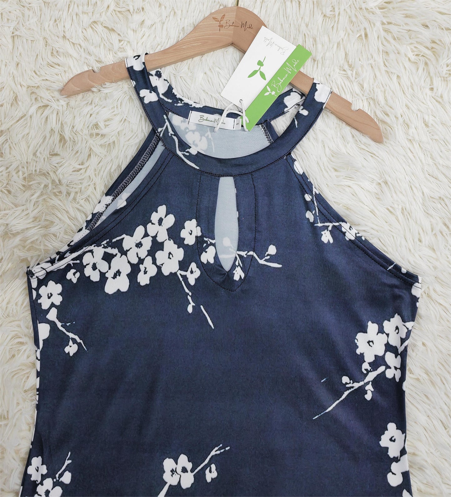 PureWear - Weißes Cherry Blossom Navy Schlüssellochhalter-Minikleid