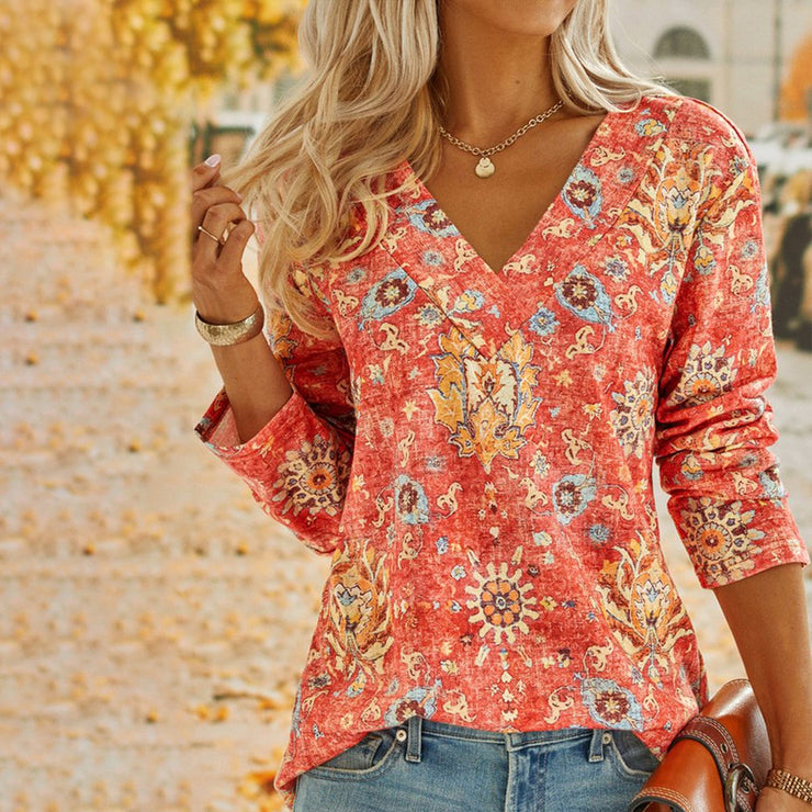 FallStil - Boho Sommer Blume Rot V-Ausschnitt Top