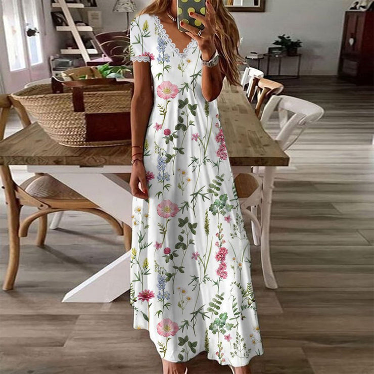 SpringStil - Garden Print V-Ausschnitt Weißes Maxi-Sommerkleid