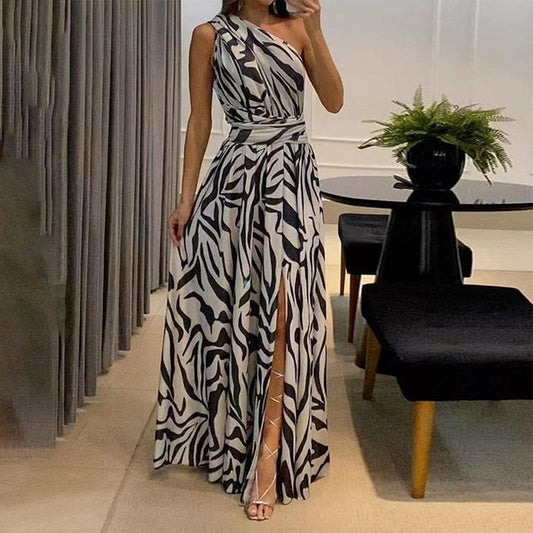 SpringStil - Weiß Schwarz Zebra Print Asymmetrisches Maxikleid mit Frontschlitz