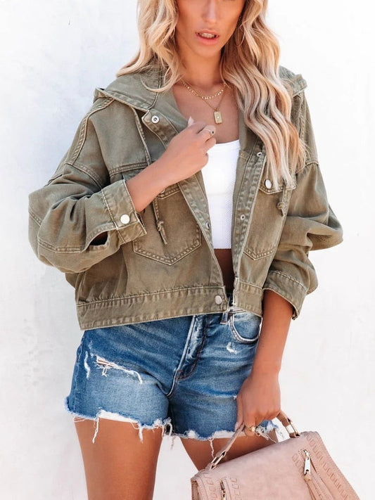 Armeegrüne Cropped Denim Jacke