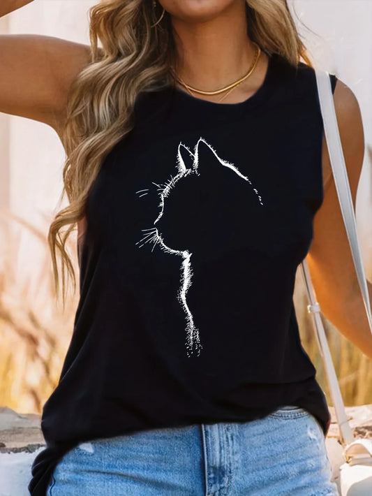 Greta - Cat Print Rundhalsausschnitt Tank Top