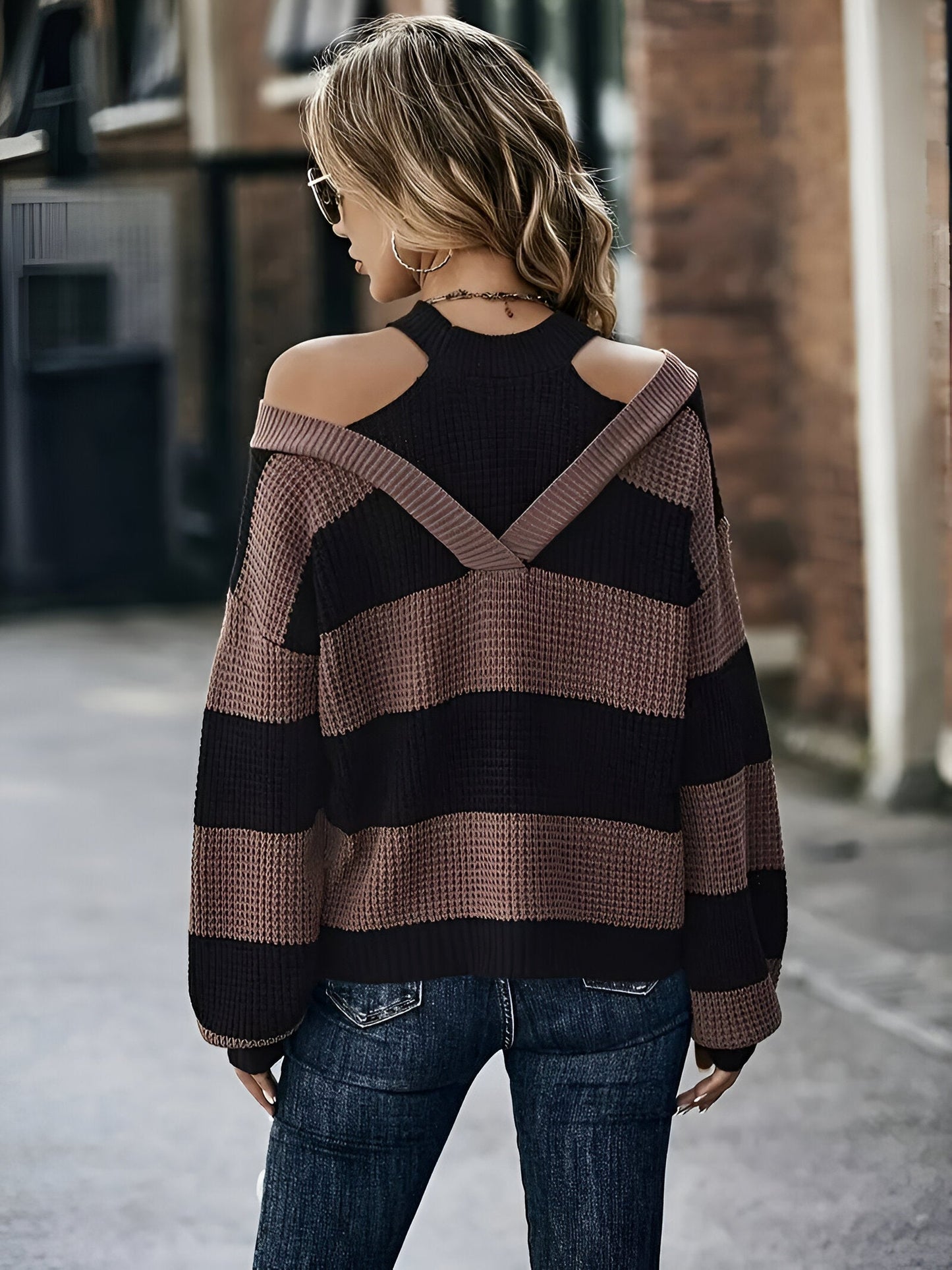 Blaithin | Chic Color Block Cold Shoulder Pullover