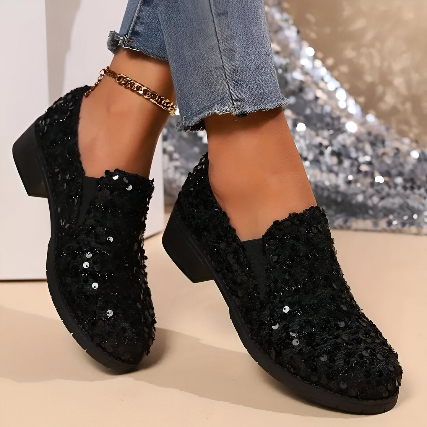 Magda | Stylische Loafer mit Chunky Heel und Pailletten