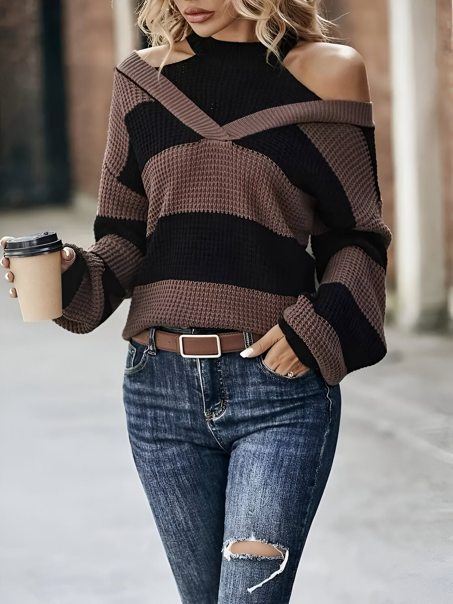 Blaithin | Chic Color Block Cold Shoulder Pullover