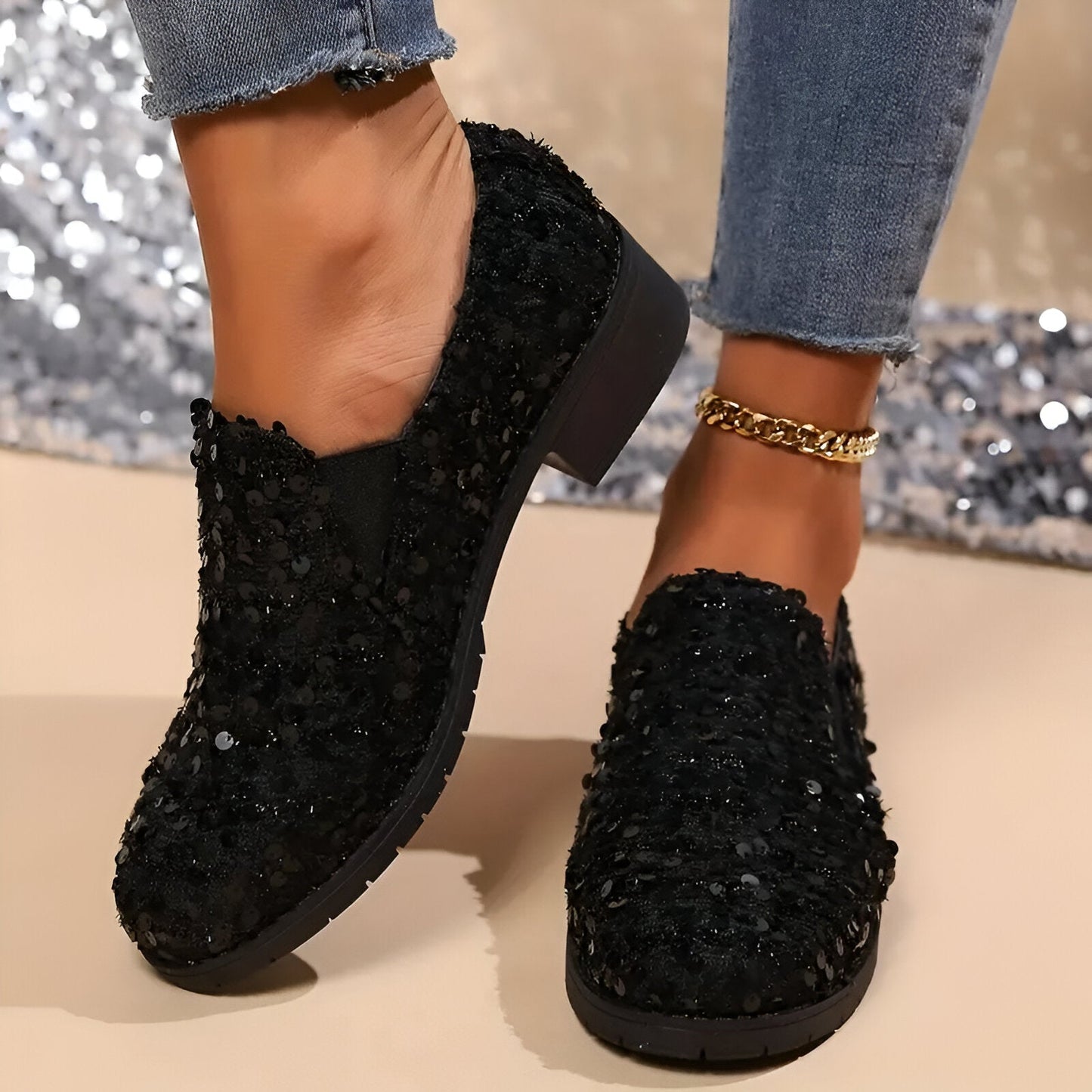 Magda | Stylische Loafer mit Chunky Heel und Pailletten