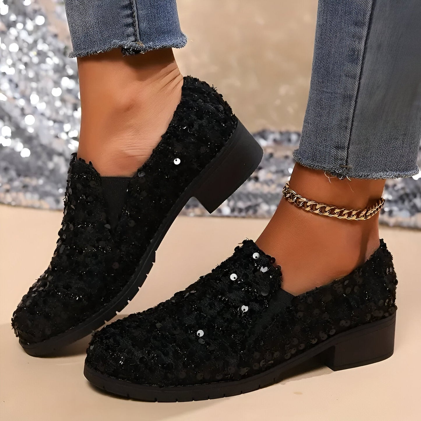 Magda | Stylische Loafer mit Chunky Heel und Pailletten