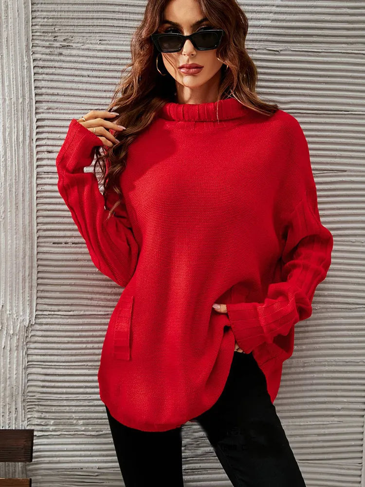 Roter oversized Pullover mit Rollkragen