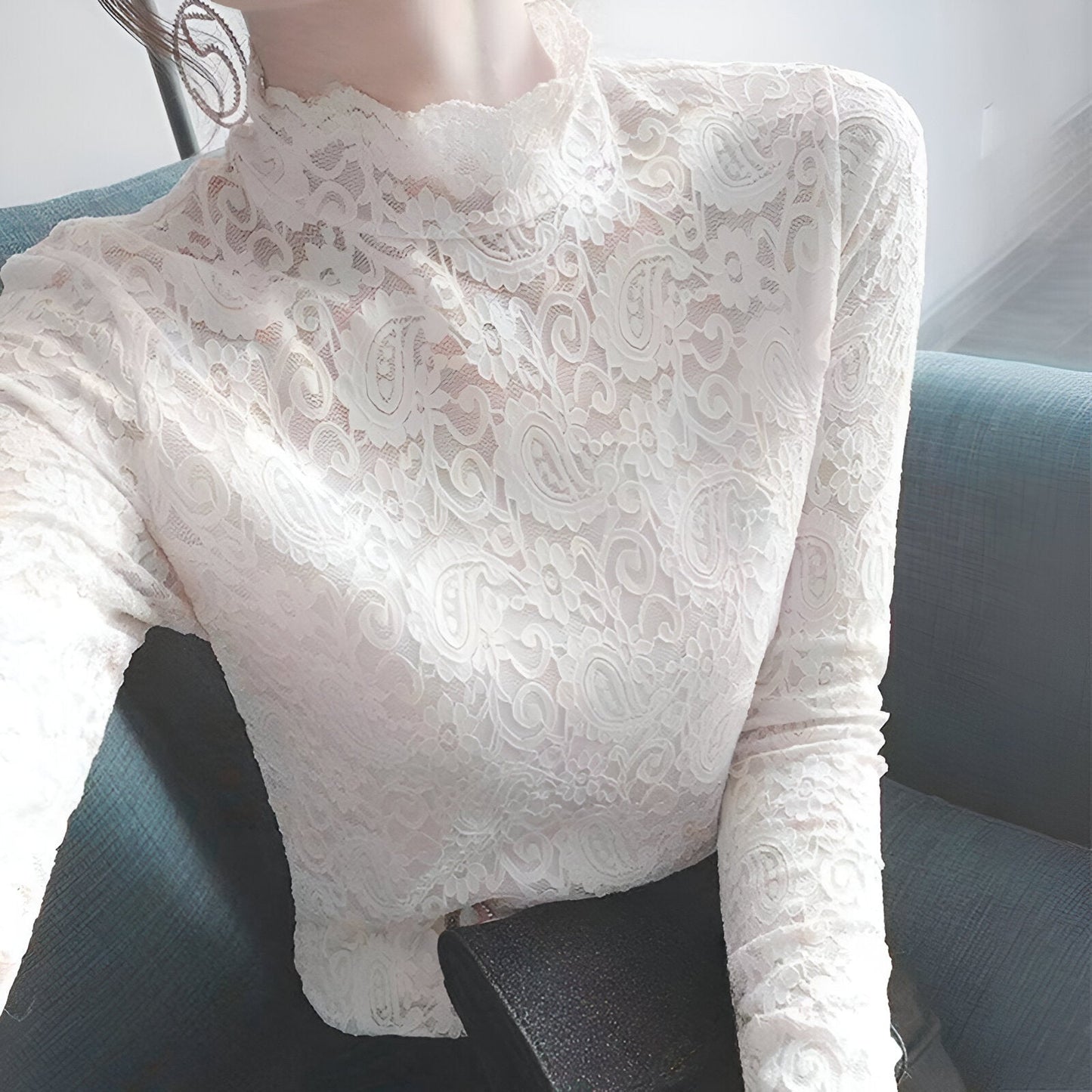 Grazyna | Herbst Hochkragen Lace Langarm-Top