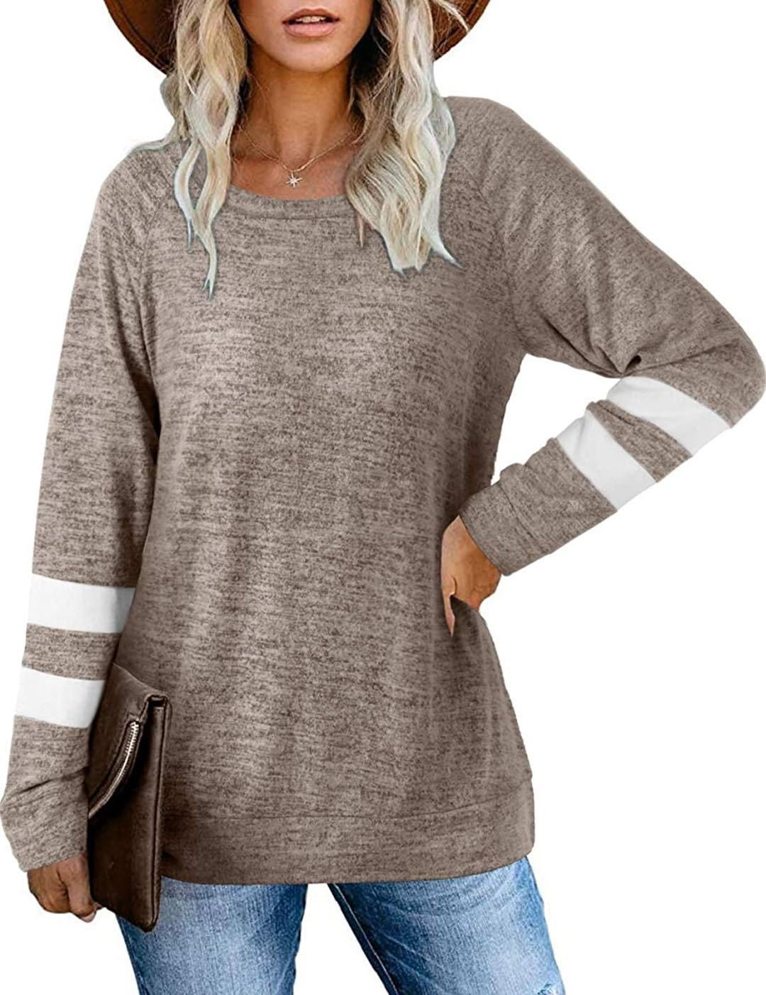 Bayrame | Damen Langarm Patchwork Rundhalsausschnitt lässig bedrucktes T-Shirt Top